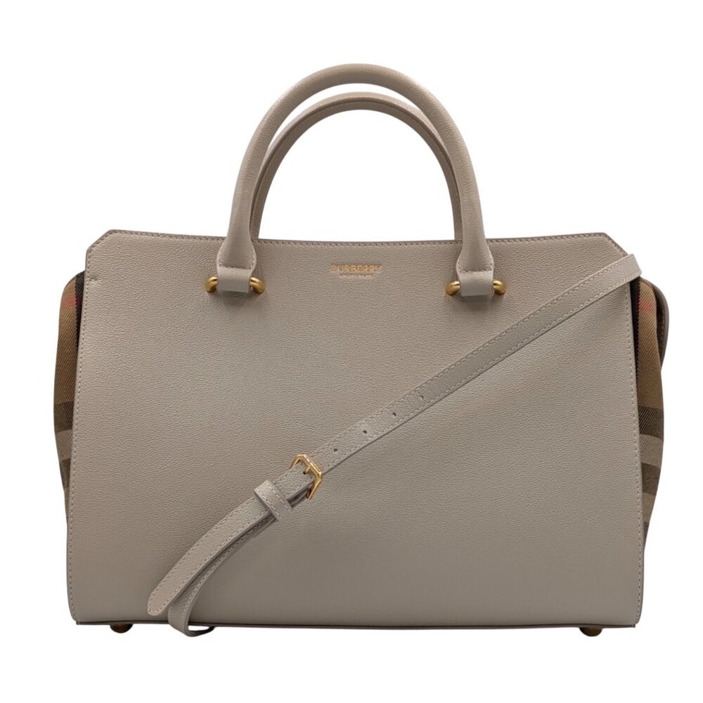 Burberry Banwell Mega Check Calfskin Small Tote Handbag Limestone 8104429
